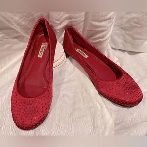 Red Satin Flats, Round Toe, 1/4-inch Heel, Embellished, Arezzo, size US 5.